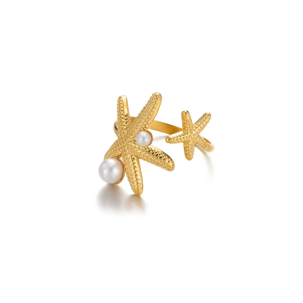 316L Edelstahl Seestern Muschel Ringe für Frauen Gold Farbe Offener Fingerring Femme Trendiger Sommerurlaub Ozean Schmuck Geschenk