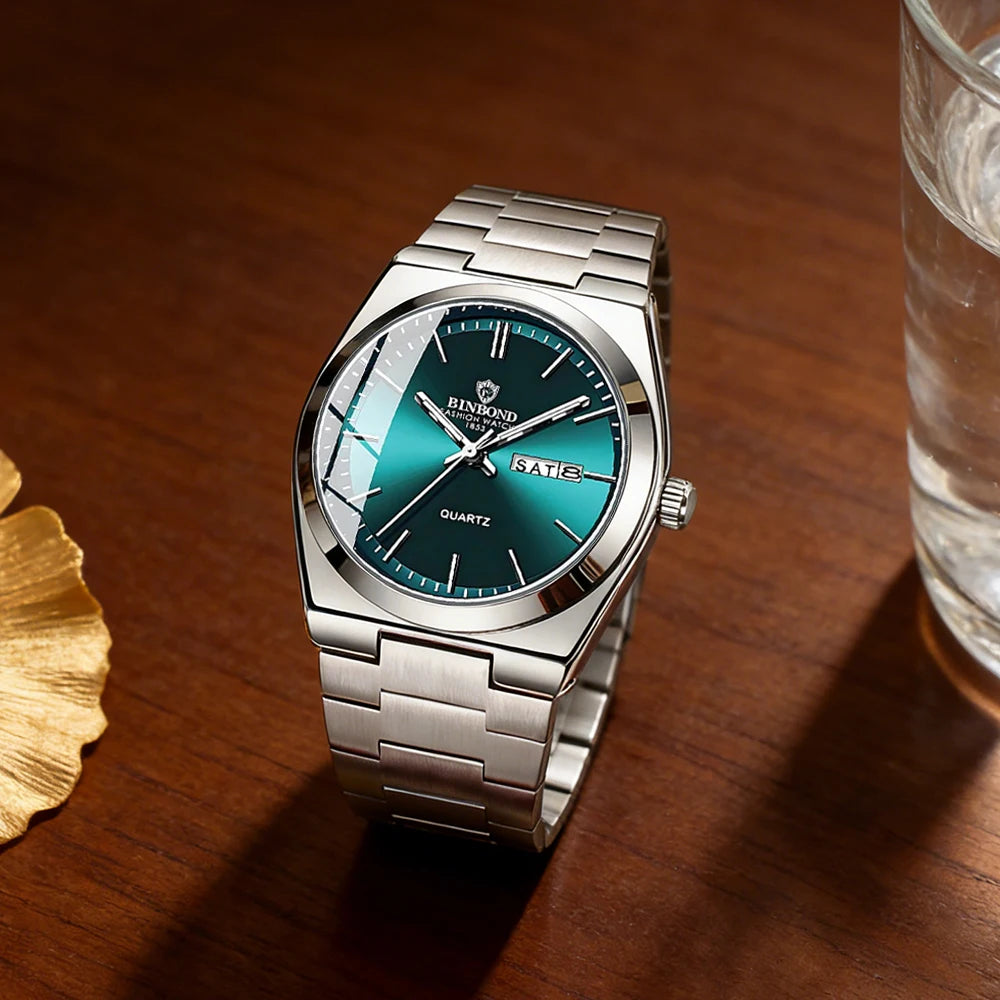 BINBOND Lujoso Reloj de Moda para Hombre, Reloj de Negocios de Alta Gama, Impermeable, Luminoso, con Fecha y Semana, Reloj de Cuarzo de Acero Inoxidable para Hombre