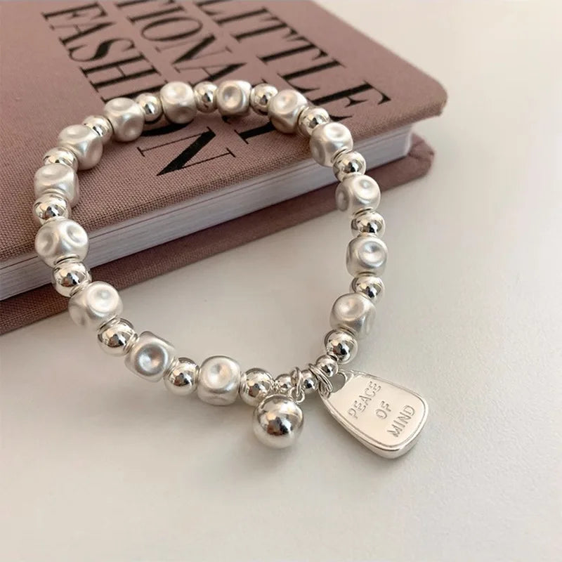 Armband aus 925er Sterlingsilber, mattiert, geometrisch, für Damen, Buchstabenperlen, Frosted-Friedens-Schmuckgeschenke
