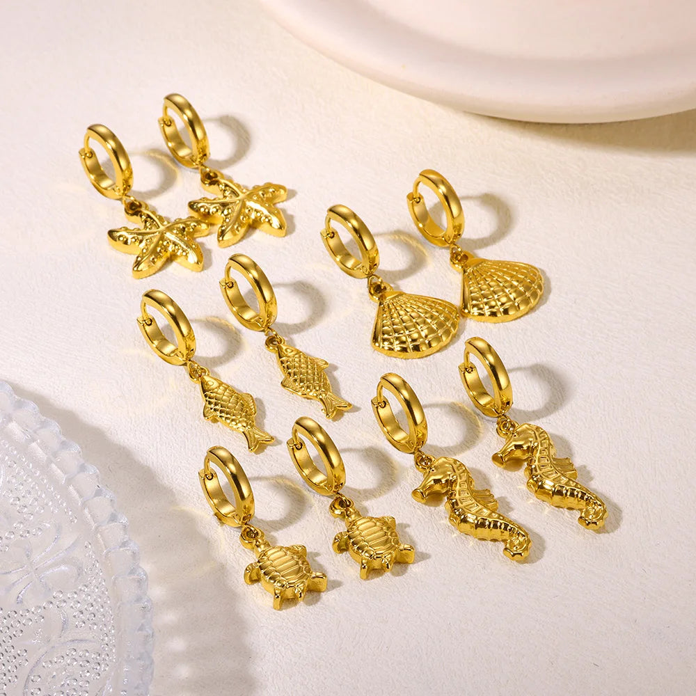 Pendientes de aro de estrella de mar de agua dulce con concha para mujer, elegantes, de acero inoxidable, color dorado, Aretes, accesorios de joyería de Navidad