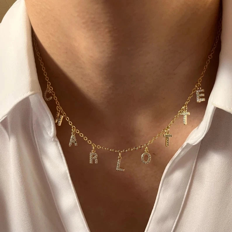 SUNIBI Customized  Name Necklace Personalized Zircon Letter Stainless Steel Choker Necklace Pendant Nameplate Gift Dropshipping