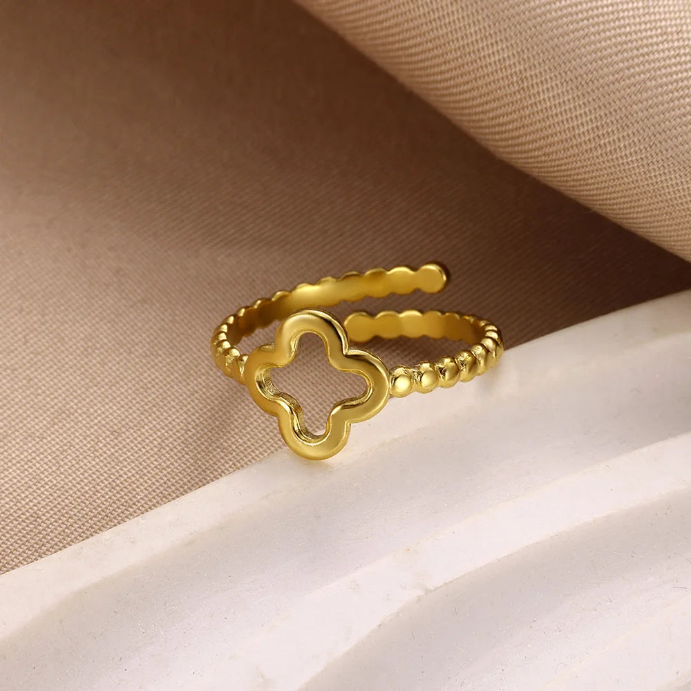 Minimalistische vierblättrige Kleeblatt-Edelstahl-Offene Ringe für Frauen Goldfarbene ästhetische Hochzeit Paar Ring Schmuck Accessoires