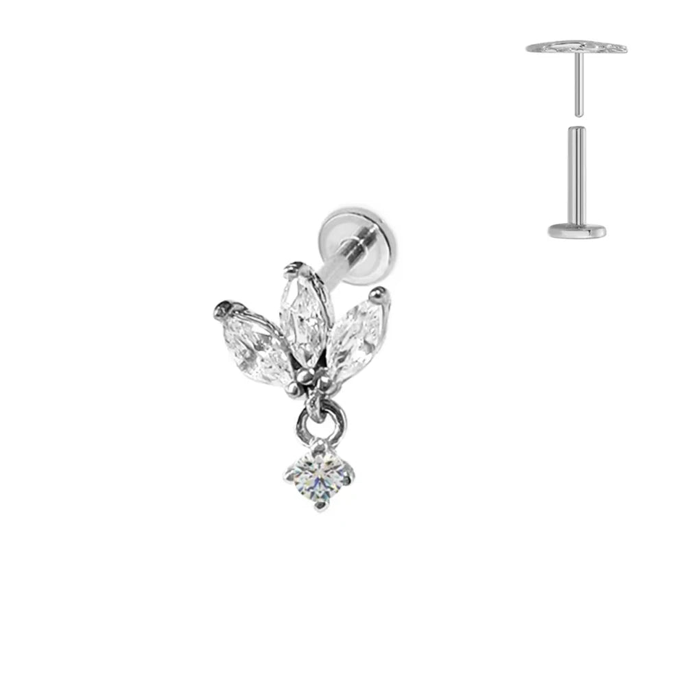 Pendiente de cartílago sin rosca con colgante de luna y estrella de titanio G23 para piercing labret con cono puntiagudo