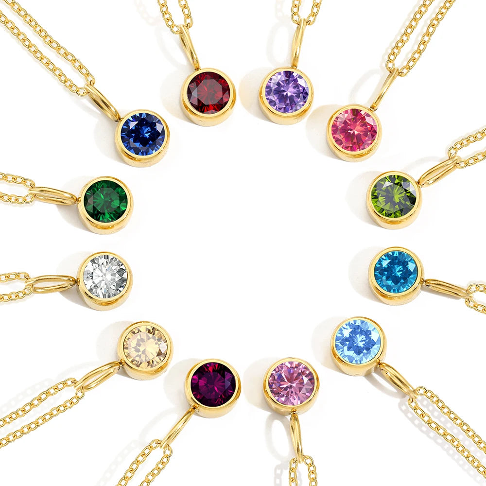 Birthstone Necklace for Woman Stainless Steel 12 Constellation DIY Colourful Zirconia Pendat Birthday Gift Jewelry Wholesale