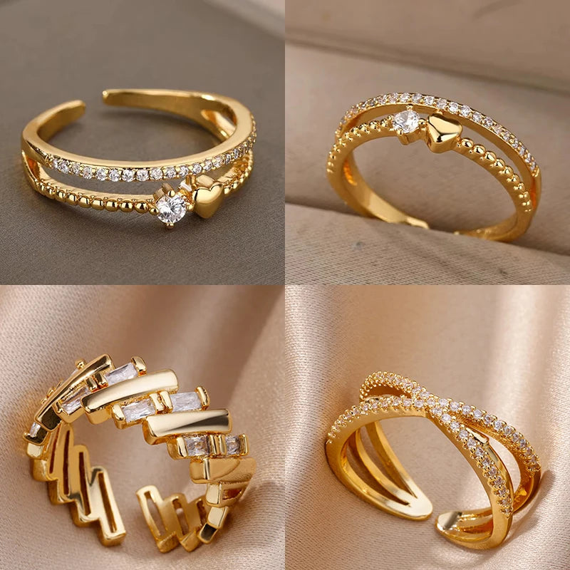 Zirkon Herzringe für Frauen Edelstahl Goldfarbe Doppelherzring Hochzeit Verlobung Schmuck Accessoires Geschenk Bijoux