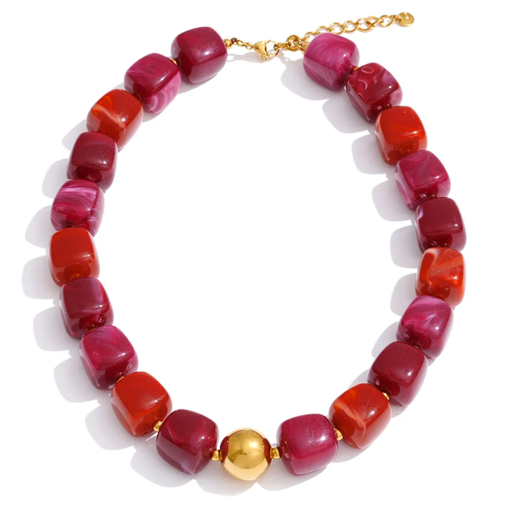 Yhpup Acrylic Square Beads Chain Necklace Bracelet Bangle Stainless Steel Handmade Jewelry Waterproof Green Khaki Pink Amber