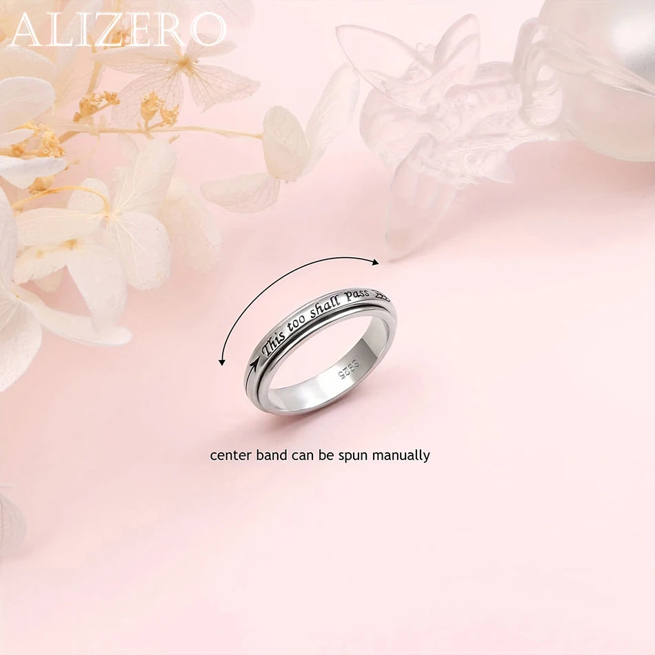 925 Sterling Silber Drehring – Zitat „Auch das geht vorüber“, Verstellbar 6-10 US-Größe, Böhmischer Vintage-Stil für Damen und Herren