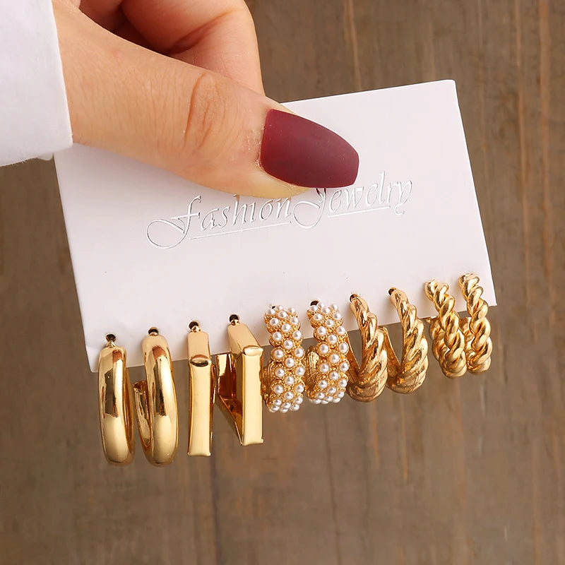 Aretes de Perlas Geométricos Vintage Color Oro, Set de Aretes Colgantes Cuadrados de Metal Trenzado Redondos para Mujer, Joyería de Fiesta Sencilla y de Moda
