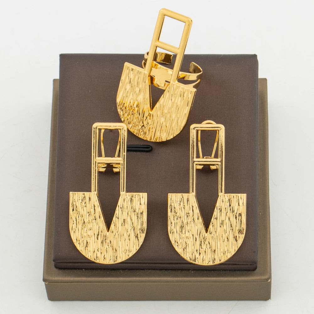 Afrikanischer Goldschmuck-Set für Damen, Ohrringe und Armreif-Ring, 3-teiliges Set, Hochzeiten, Brautschmuck-Geschenke für den täglichen Gebrauch