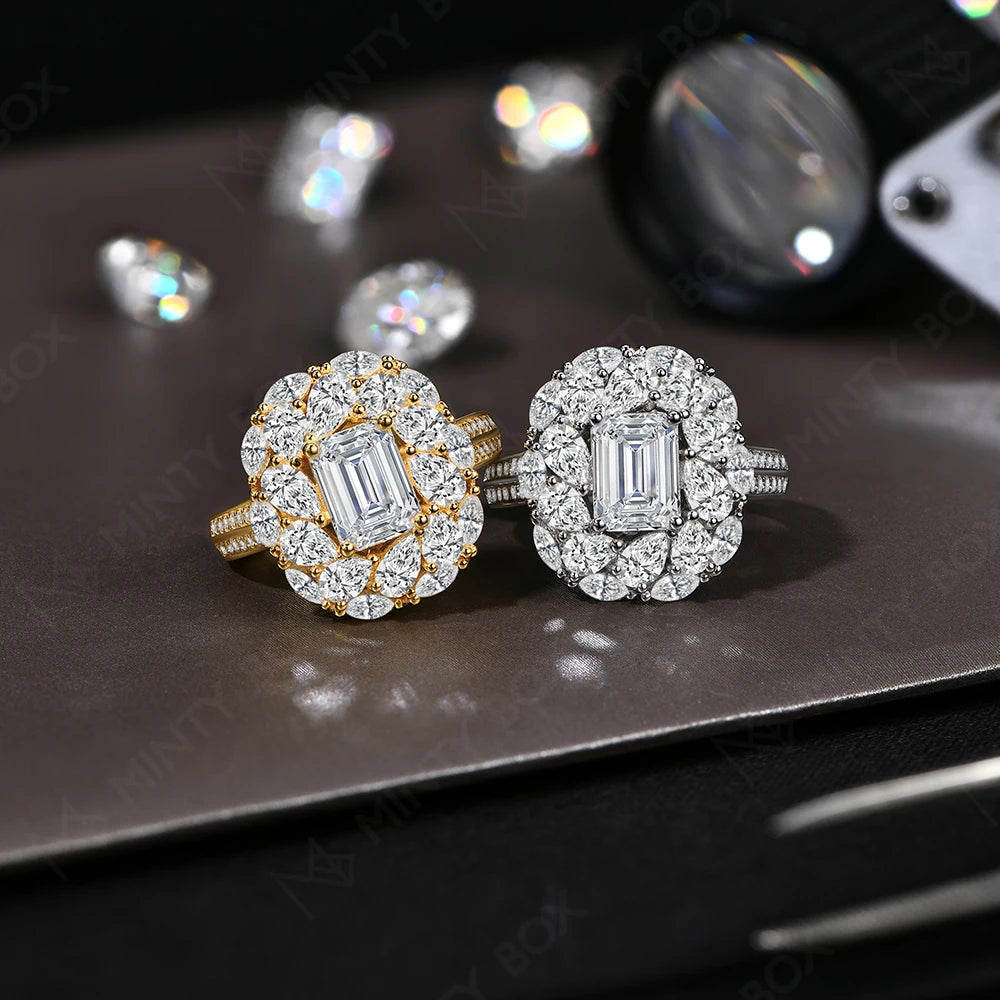MINTYBOX 2.0ct Blumen-Design Halo Smaragdschliff Verlobungsring Labor-Diamant S925 Silber Moissanit-Ringe für Damen 18K vergoldet