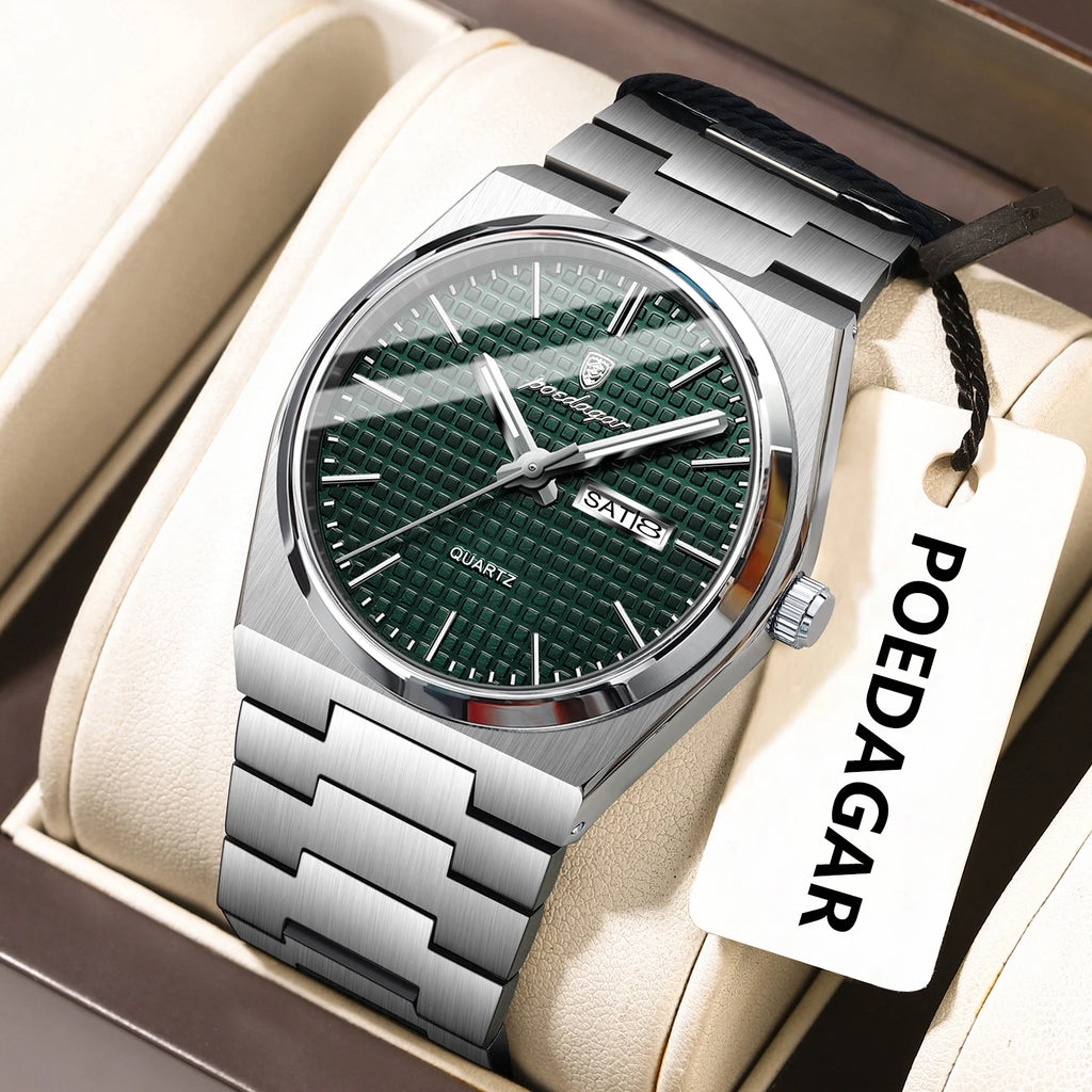 POEDAGAR Reloj de lujo original para hombre, resistente al agua, acero inoxidable, luminoso, de pulsera, con fecha y semana, de cuarzo, relojes de moda para hombre