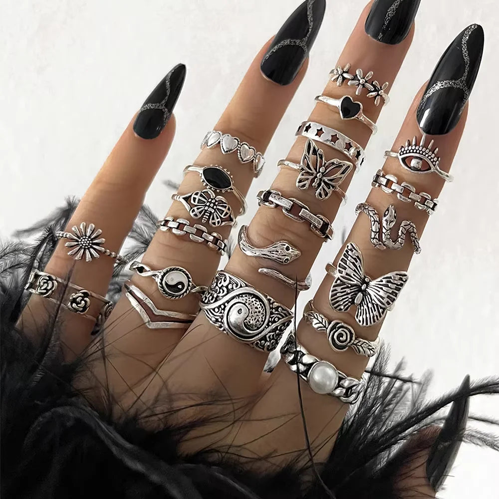 21-teiliges Gothic-Ringe-Set für Frauen, modisch, einfach, Schlange, Schmetterling, böses Auge, Fingerring, trendige Punk-Schmuckgeschenke, Neuheit 2024