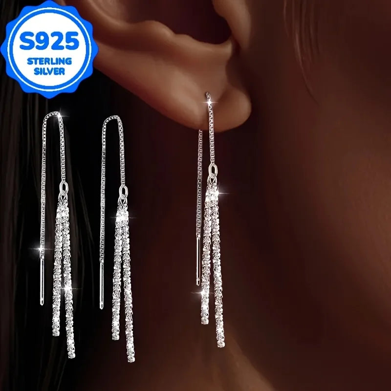Un par de 2 piezas, pendientes colgantes de moda para mujer, estilo bohemio retro, plata S925 hipoalergénica, pendientes largos brillantes
