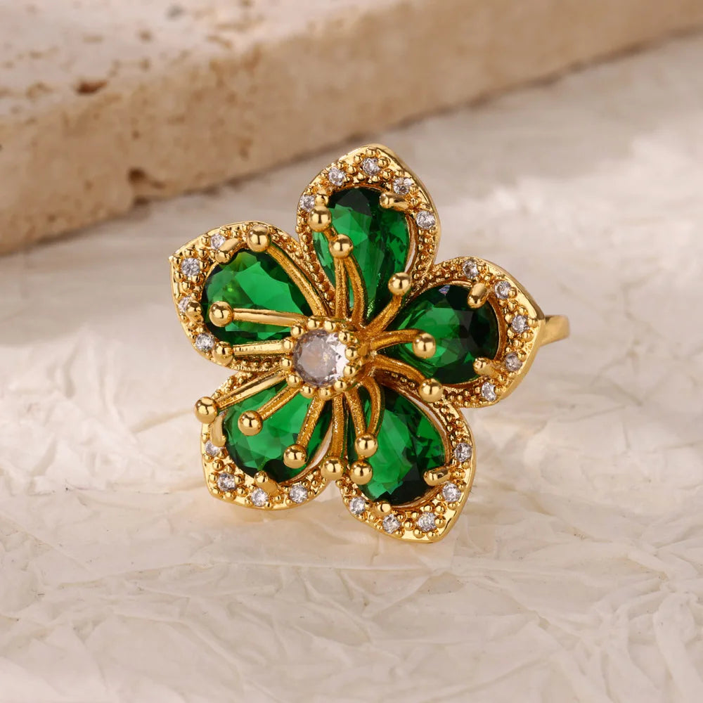 Luxuriöse bunte Zirkonia-Blumenringe für Damen, goldfarbener Edelstahl-Öffnungsring, modischer Hochzeitsparty-Ästhetik-Schmuck