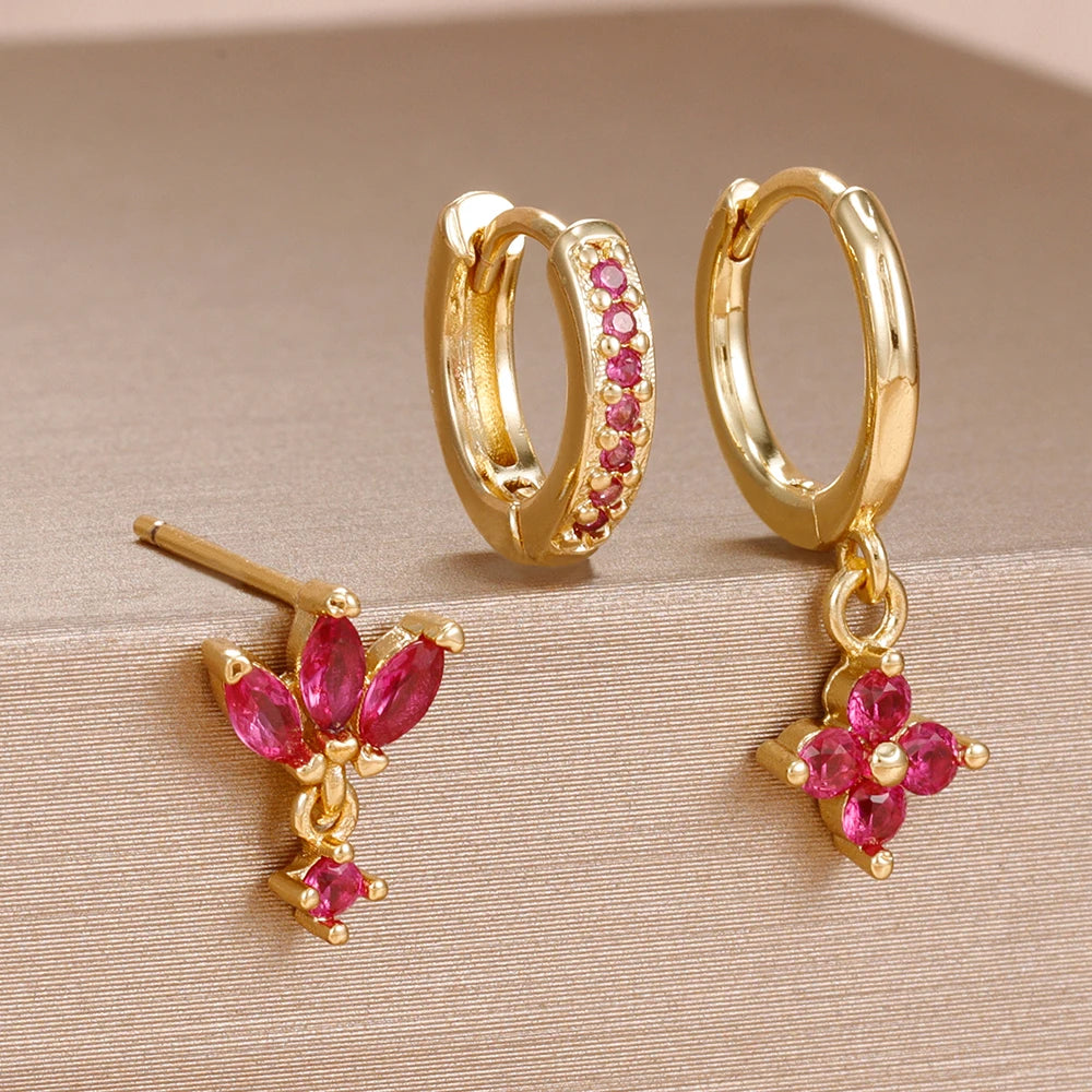 3 Paar modische orange-blaue Zirkon-Hängeohrringe für Damen, Edelstahl-Blumen-Baumelohrringe, Piercing-Schmuckset