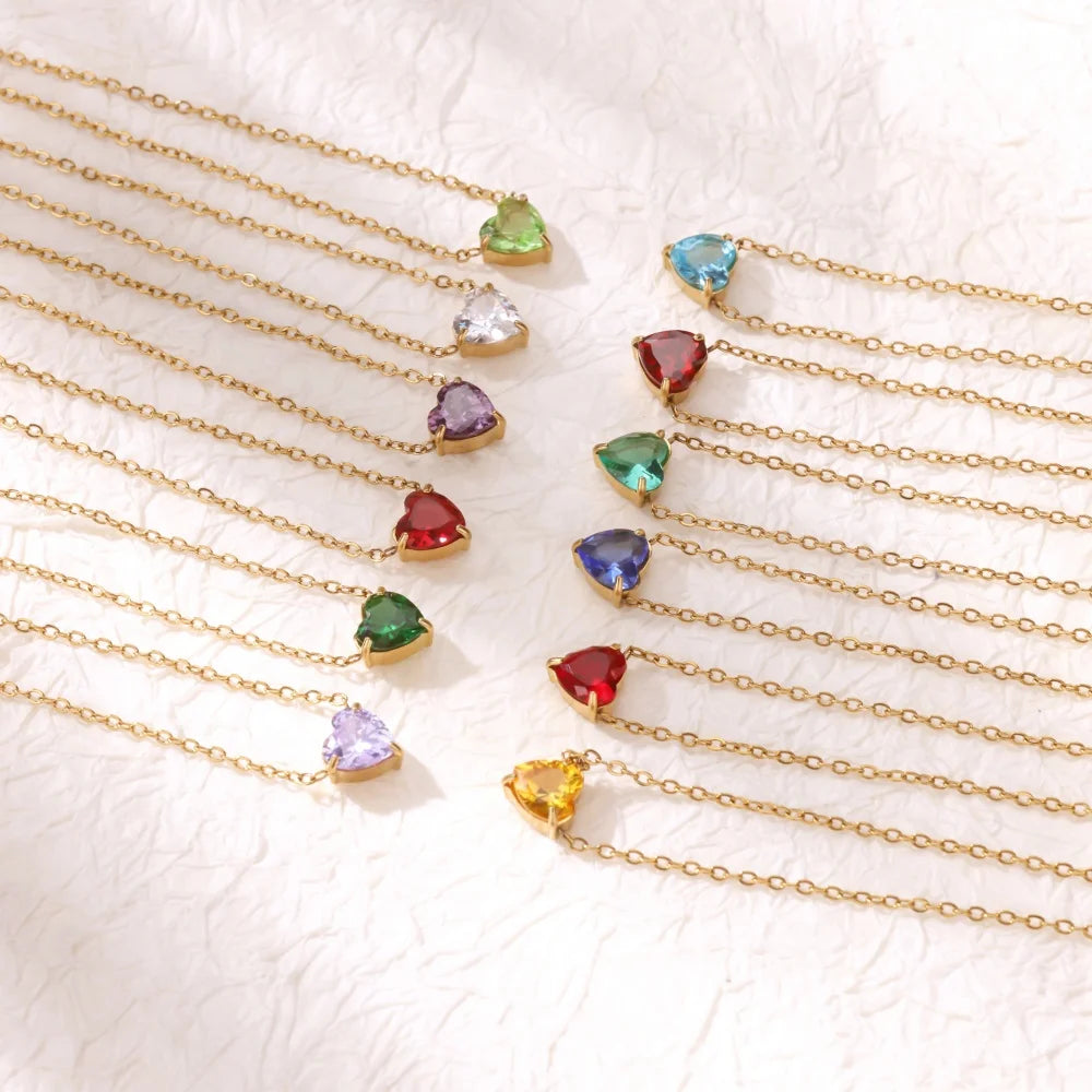 Stainless Steel Birthstone Pendant Necklace for Women Fashion Heart Crystal Zircon Charm Clavicle Chain Birthday Party Jewelry