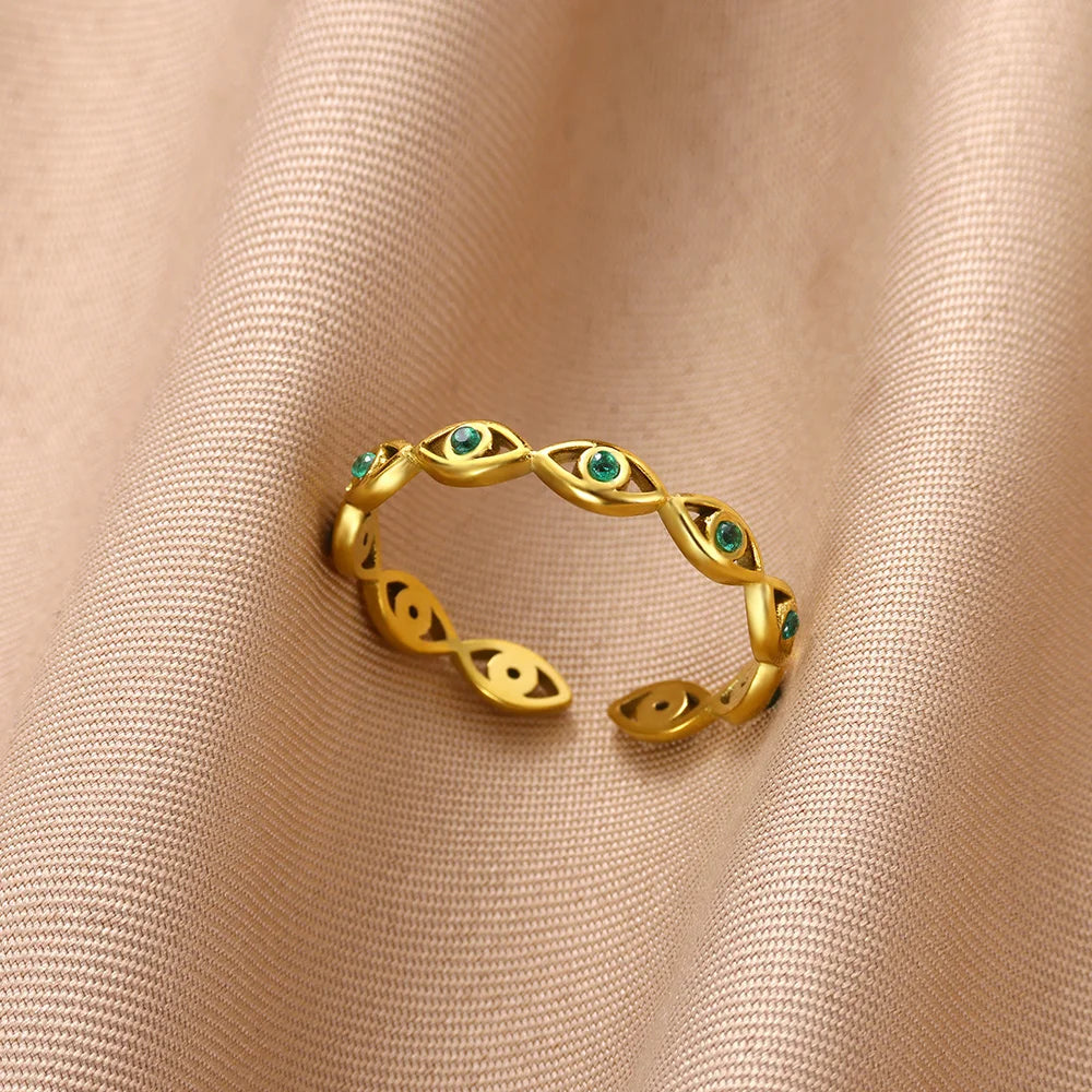 Grüne Zirkonia Herzringe für Damen, Vintage Goldfarben, Edelstahl, offener Ring, modischer ästhetischer Schmuck, Hochzeitsgeschenk