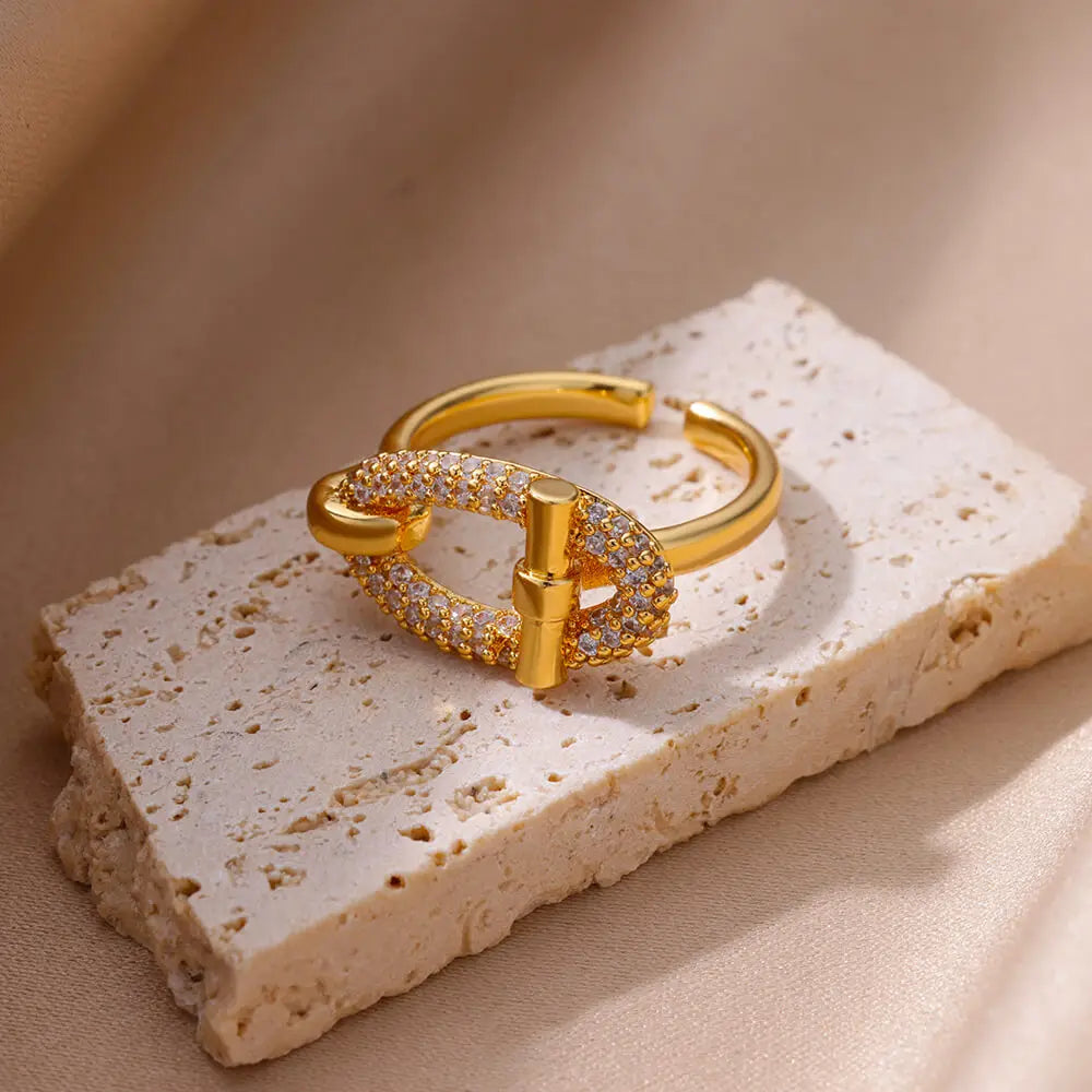 Edelstahl Oval Hohl Zirkon Offene Ringe Für Frauen Gold Farbe Trendiger Hochzeitsästhetischer Ring Sommer Schmuck Accessoires BFF