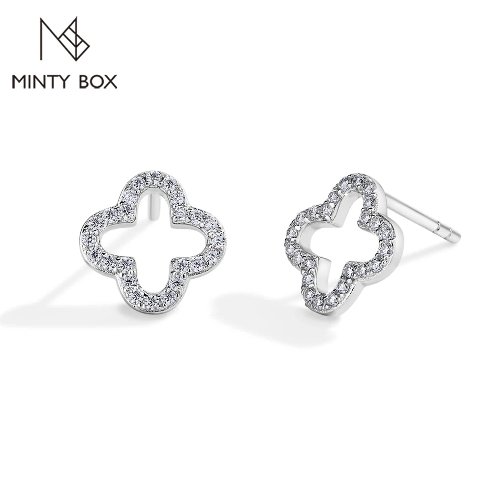 MINTYBOX S925 Sterlingsilber Moissanit Diamant Ohrstecker für Damen Kleeblatt 18 Karat Weißgold vergoldet Blume Hochzeit Edelschmuck