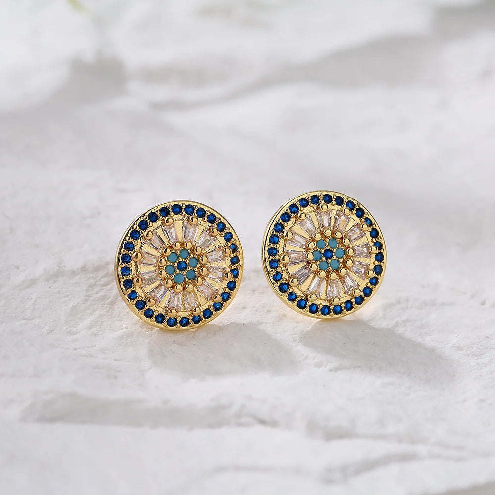 NEWBUY Luxuriöse AAA Zirkonia-Pflasterfassung Kupfer Schmuck Goldfarbe Runde Ohrstecker für Frauen Mädchen