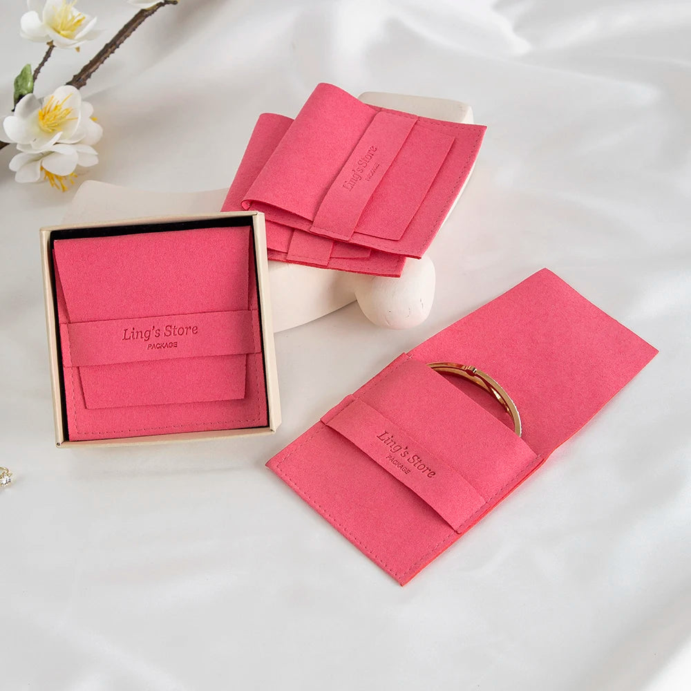 50/100Pcs Chic Custom Logo Jewelry Microfiber Strip Bag Rose Beige Pink Envelope Velvet Ring Earring Pendant Necklace Stud Pouch