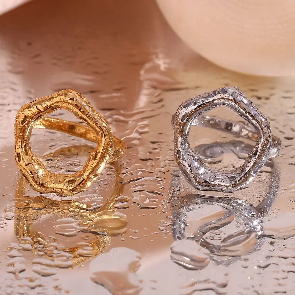 Anillo de acero inoxidable con motivo circular vintage para mujer, textura fundida, detalle de textura, temperamento, joyería al por mayor, Dropshipping