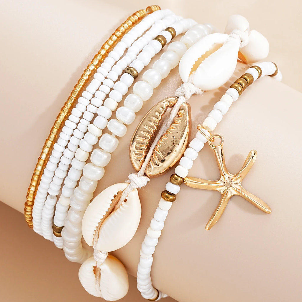 7tlg./Set Böhmisches Urlaubs-Muschel-Perlen-Armband, handgewebt, Seestern-Reiskorn-Armband-Set für Damen, Strandparty, Küstenurlaub