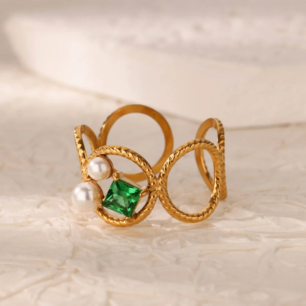 Grüne Zirkonia Herzringe für Damen, Vintage Goldfarben, Edelstahl, offener Ring, modischer ästhetischer Schmuck, Hochzeitsgeschenk