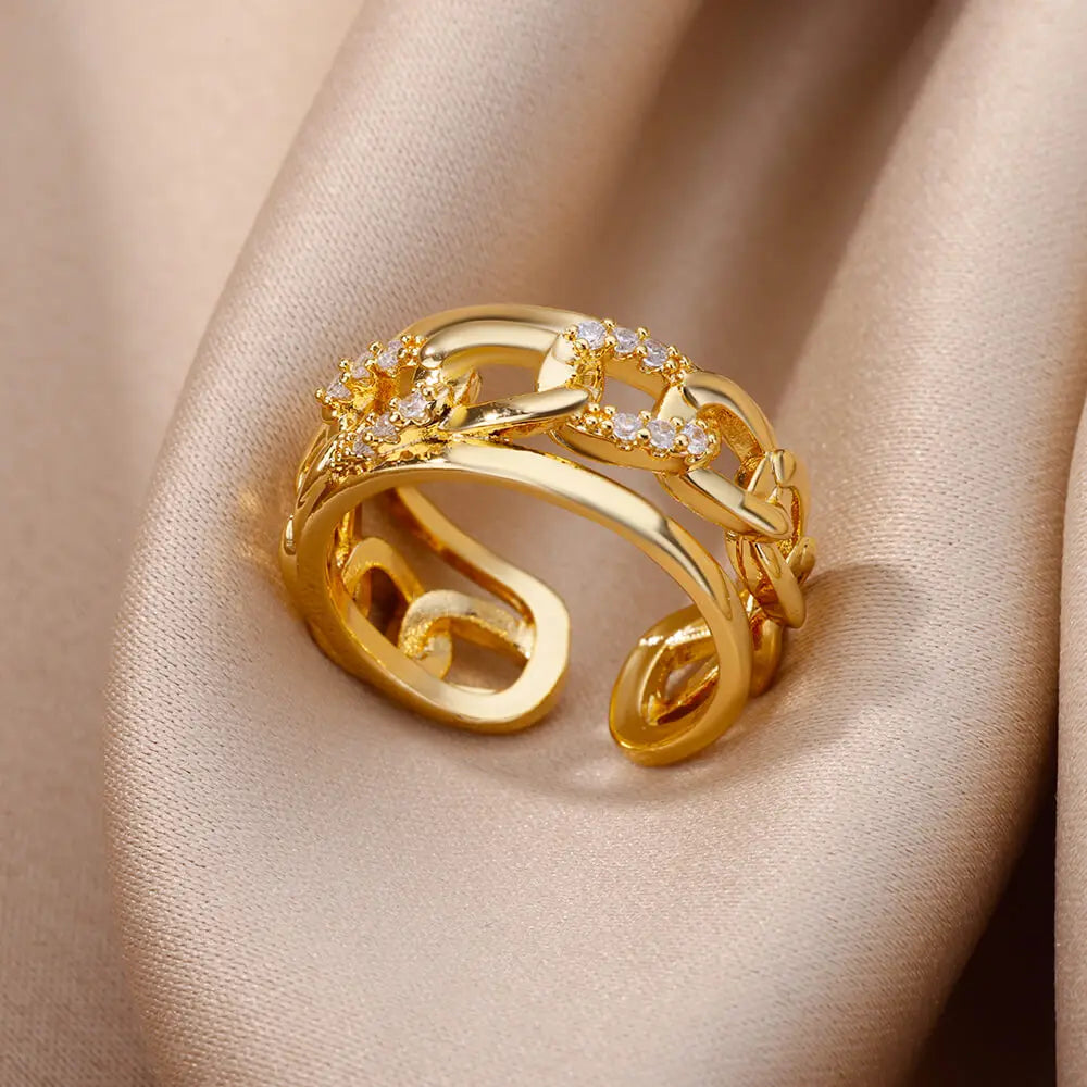 Zirkon-Ketten-Kreuzringe für Damen Vintage Goldfarbe Edelstahl Geometrischer offener Ring Mode Hochzeit Ästhetischer Schmuck Geschenk