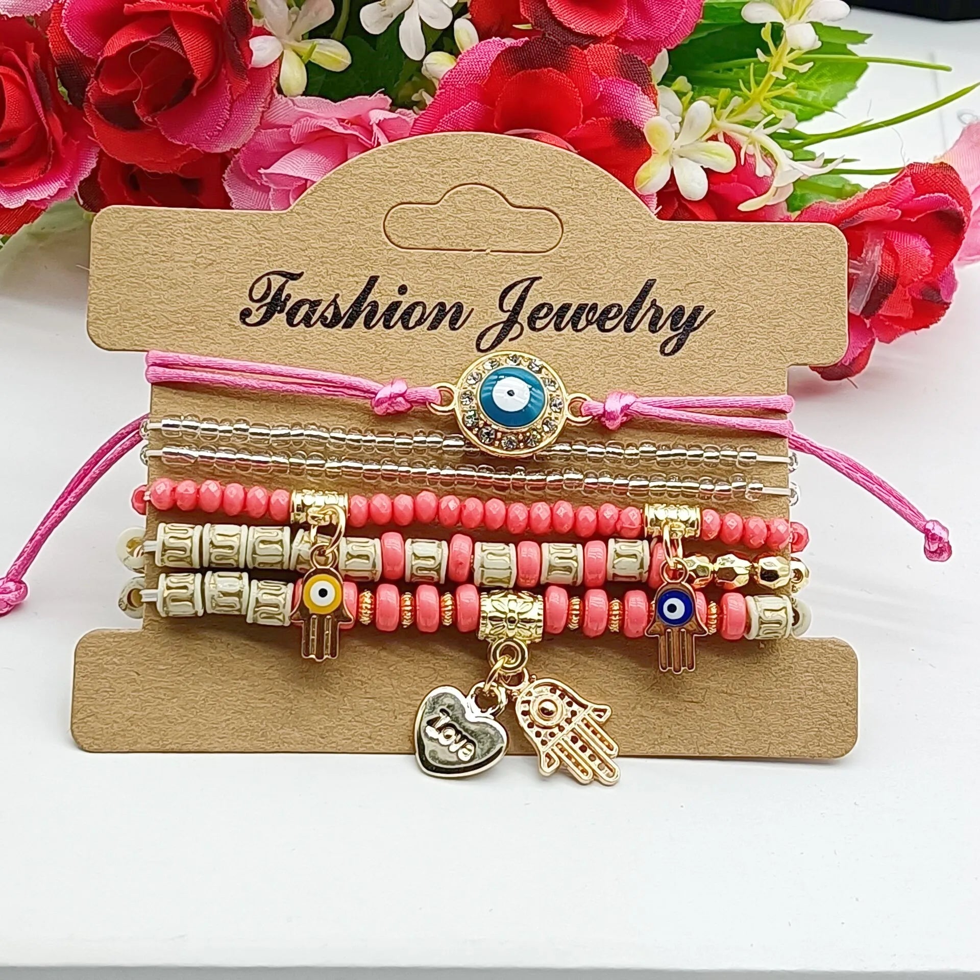 6Pcs Fatima Hand Böses Auge Armband Set für Frauen Herz Charm Perlen Seilkette Armreif Weiblicher Böhmischer Handgemachter Schmuck