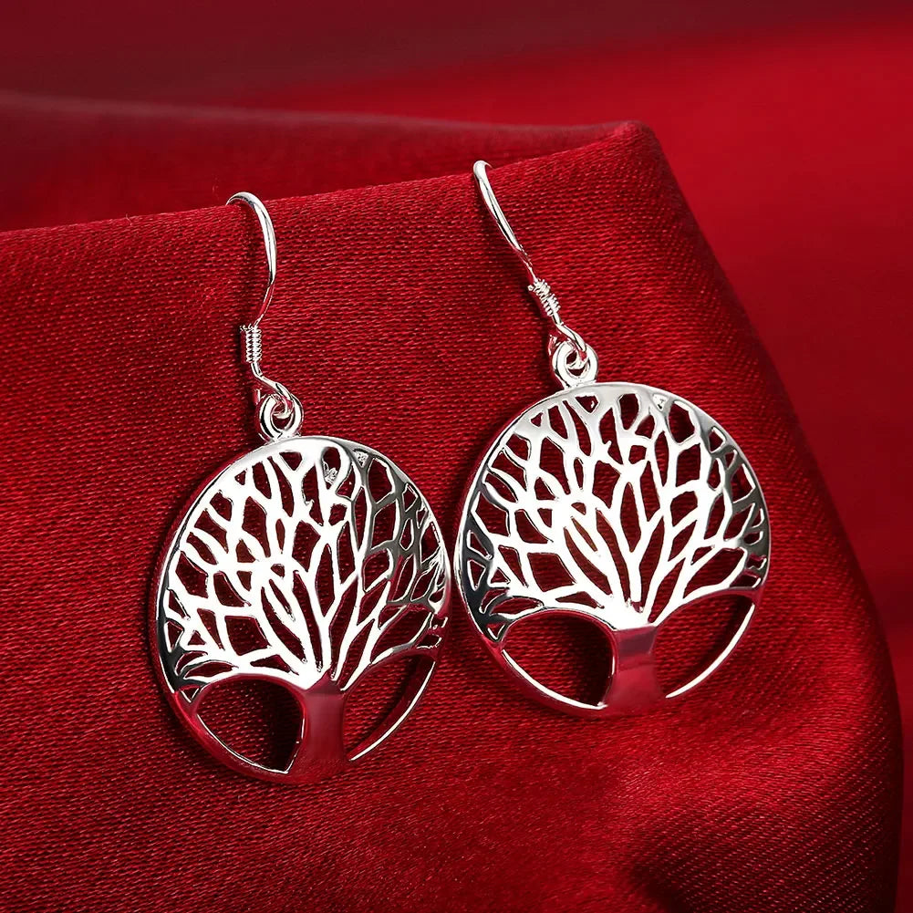 925er Sterlingsilber Feines Retro Rundbaum-Anhänger Halsketten-Ohrring-Set für Damen Mode Party Hochzeit Schmuckset Geschenke