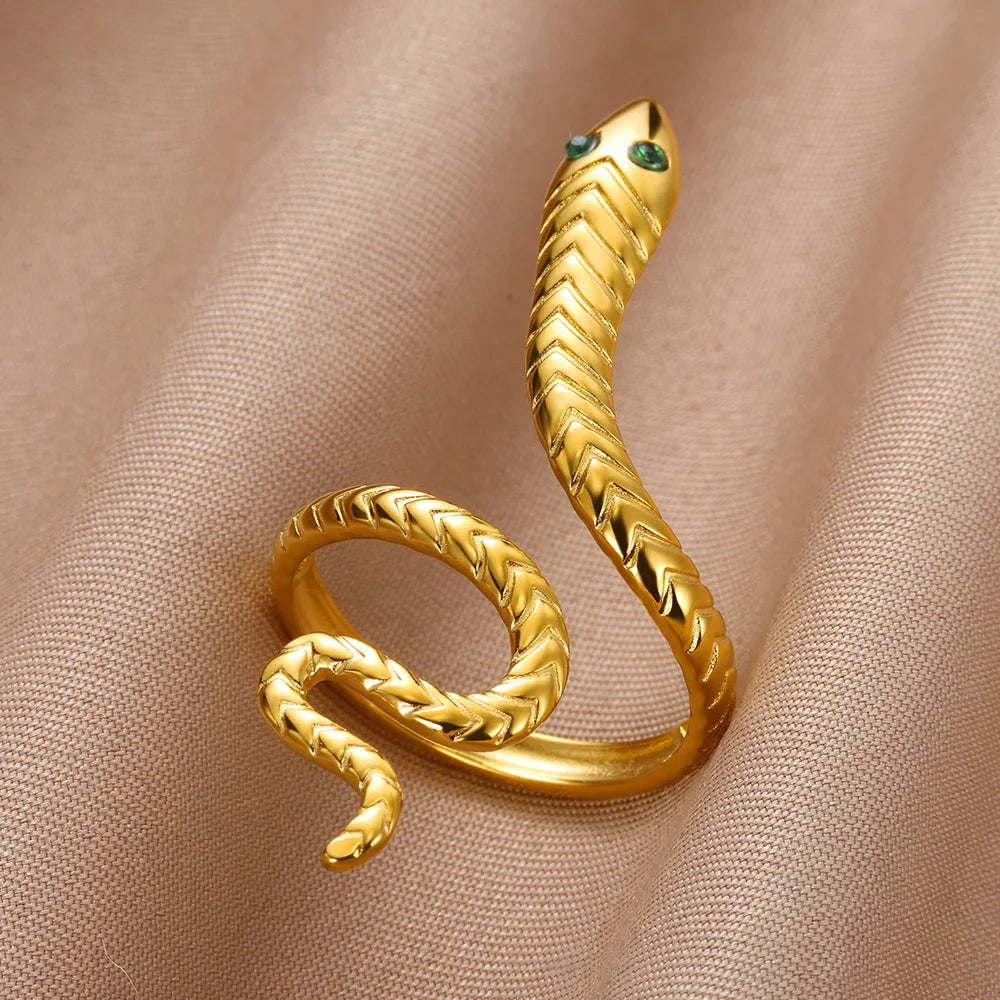 Zirkon-Schlangenringe für Damen und Herren Edelstahl Goldfarben Offener verstellbarer Ring Vintage Gothic Ästhetik Schmuck anillos mujer