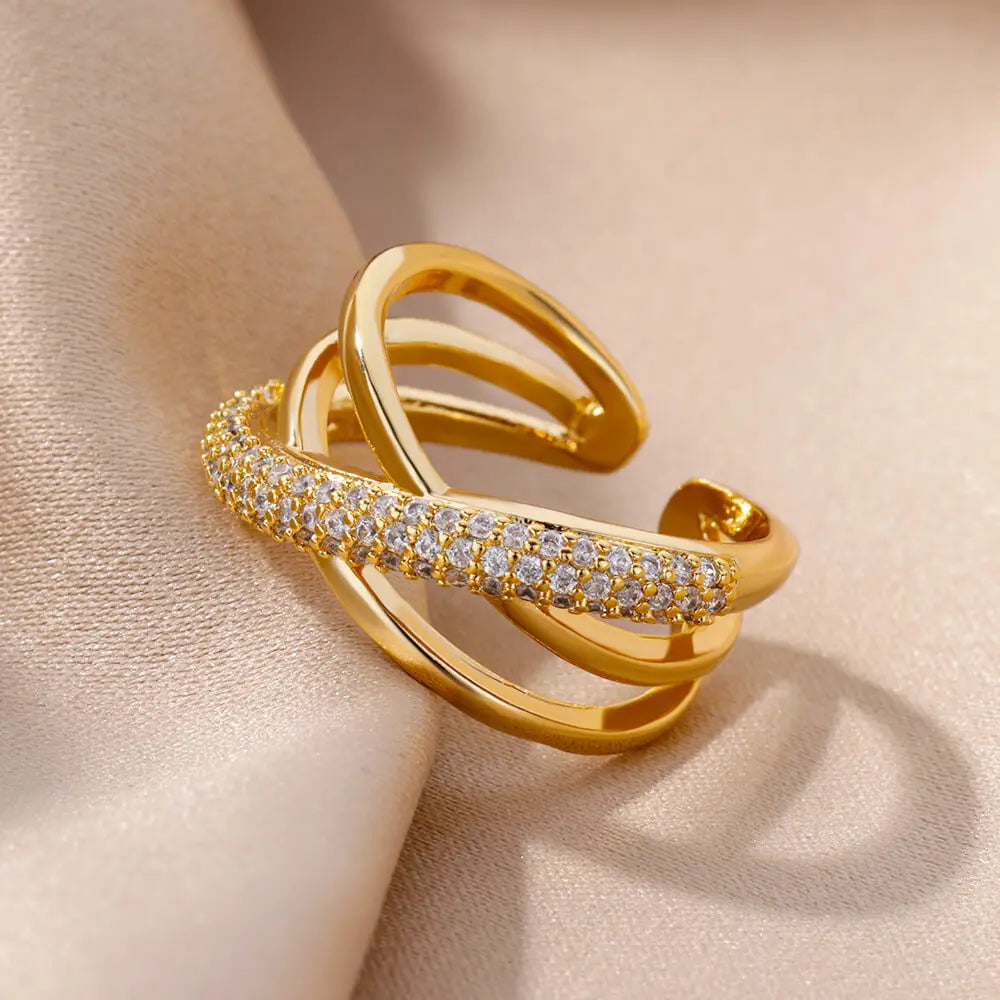 Anillos de acero inoxidable de color dorado a la moda para mujer, cadena hueca de cristal de circón, joyería para dedo, regalo 2023, anillos mujer