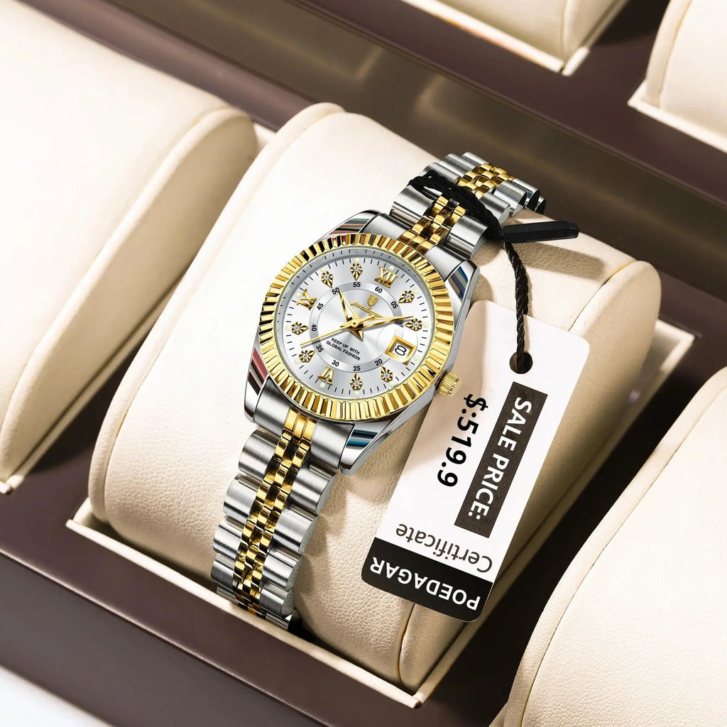 POEDAGAR Luxus elegante Damenuhr Wasserdicht Leuchtendes Datum Damenuhr Edelstahl Quarz Damenuhren Mädchen Reloj