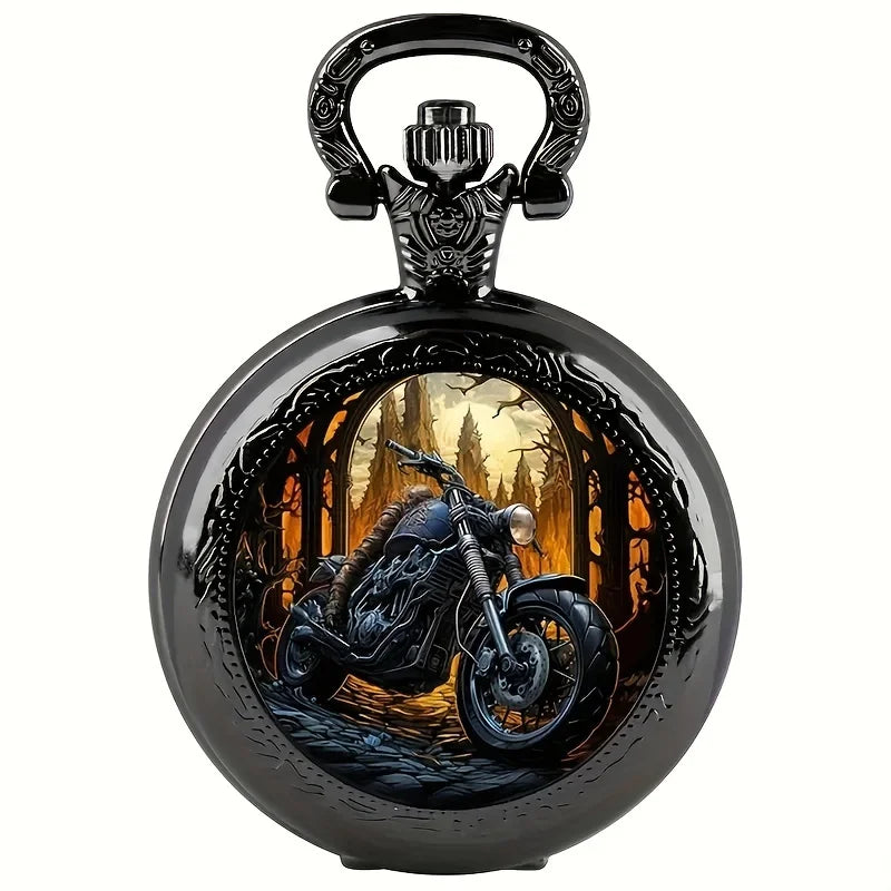 Vintage Black Motorcycle Quartz Pocket Watch, Necklace Pendant With World Time Feature,  Ideal Gift For Men & Women and Kids