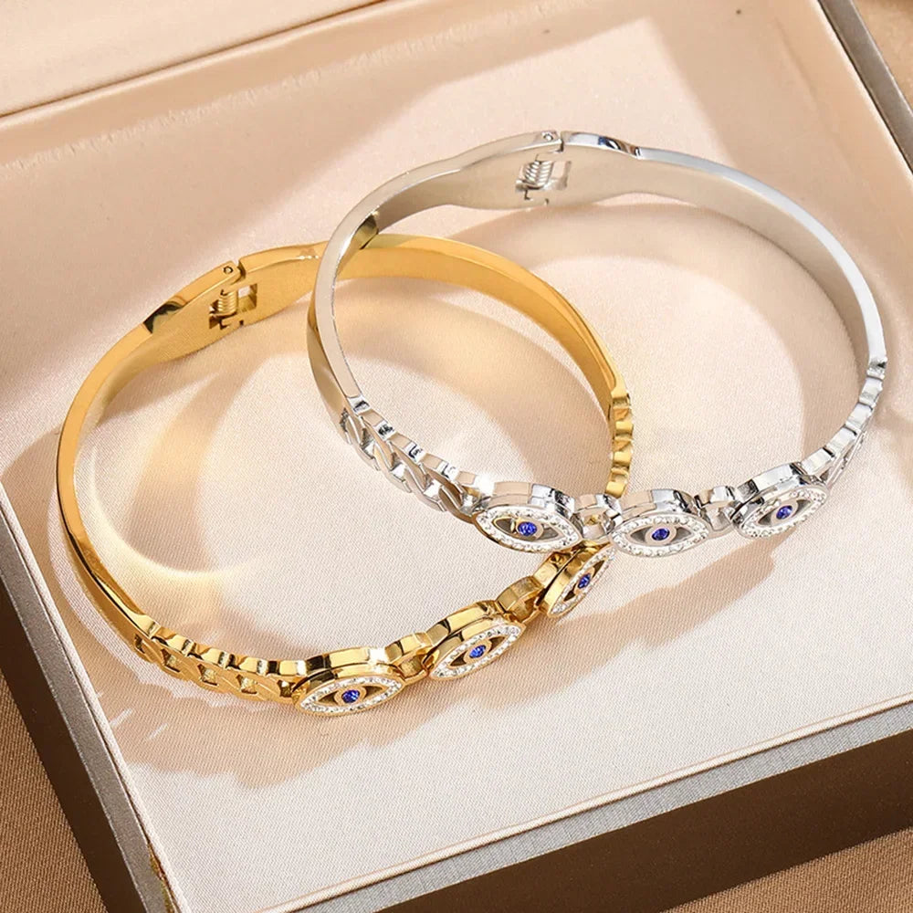Mode Edelstahl Armband für Damen Herren Böser Blick Manschettenarmreifen Vergoldete Federverschluss Glücksbringer Schmuck Zubehör