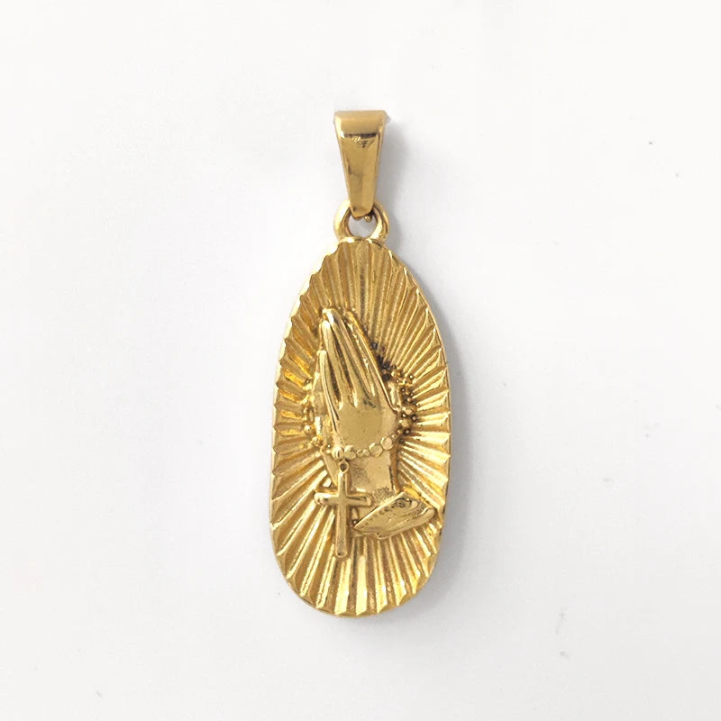 Collar Hip Hop con Manos Orando - Joyería Cristiana Budista para Hombres y Mujeres | Regalo Religioso de Acero Inoxidable Chapado en Oro