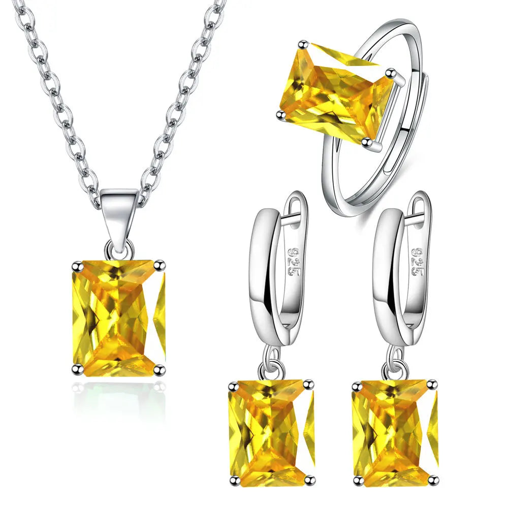 925er Sterlingsilber Elegante Schmucksets Ring Ohrringe Halskette für Damen Rechteck Geometrie Zirkon Hochzeit Accessoires