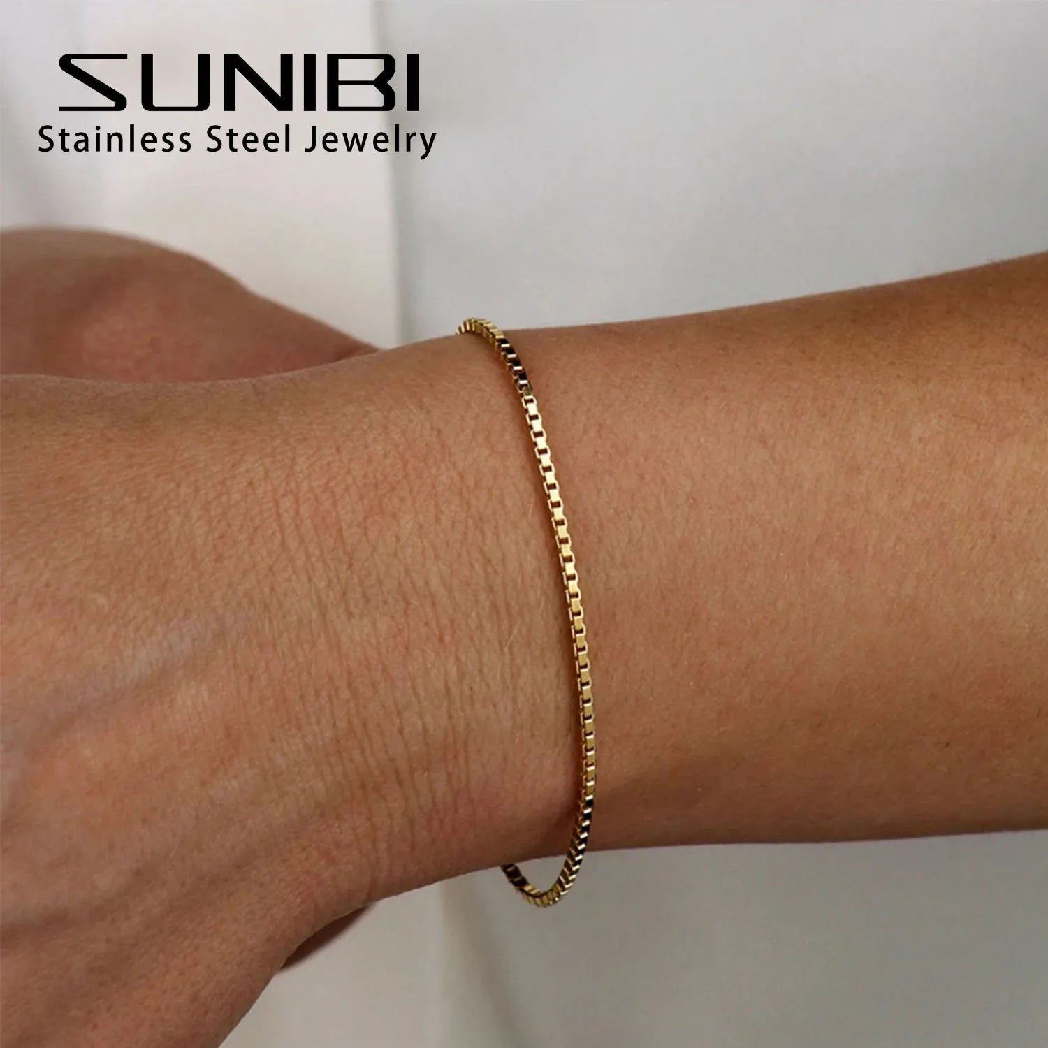 SUNIBI 2MM Einfache Box Chain Armbänder für Damen Goldfarben Edelstahl Klassisches Armband Minimalismus Geschenke Schmuck Großhandel