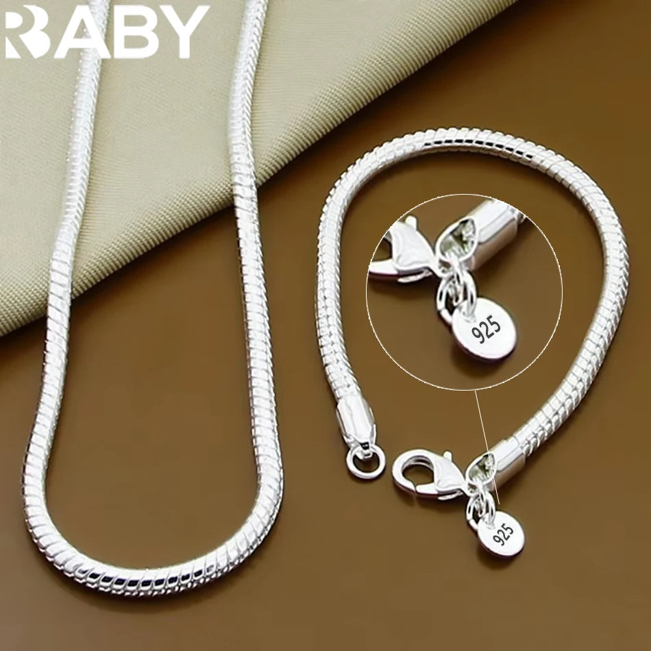 40-60cm 925er Sterling Silber massiv 3MM Kette Schlangen-Halskette Armband Modeschmuck Für Damen Herren Sets Charm Hochzeit