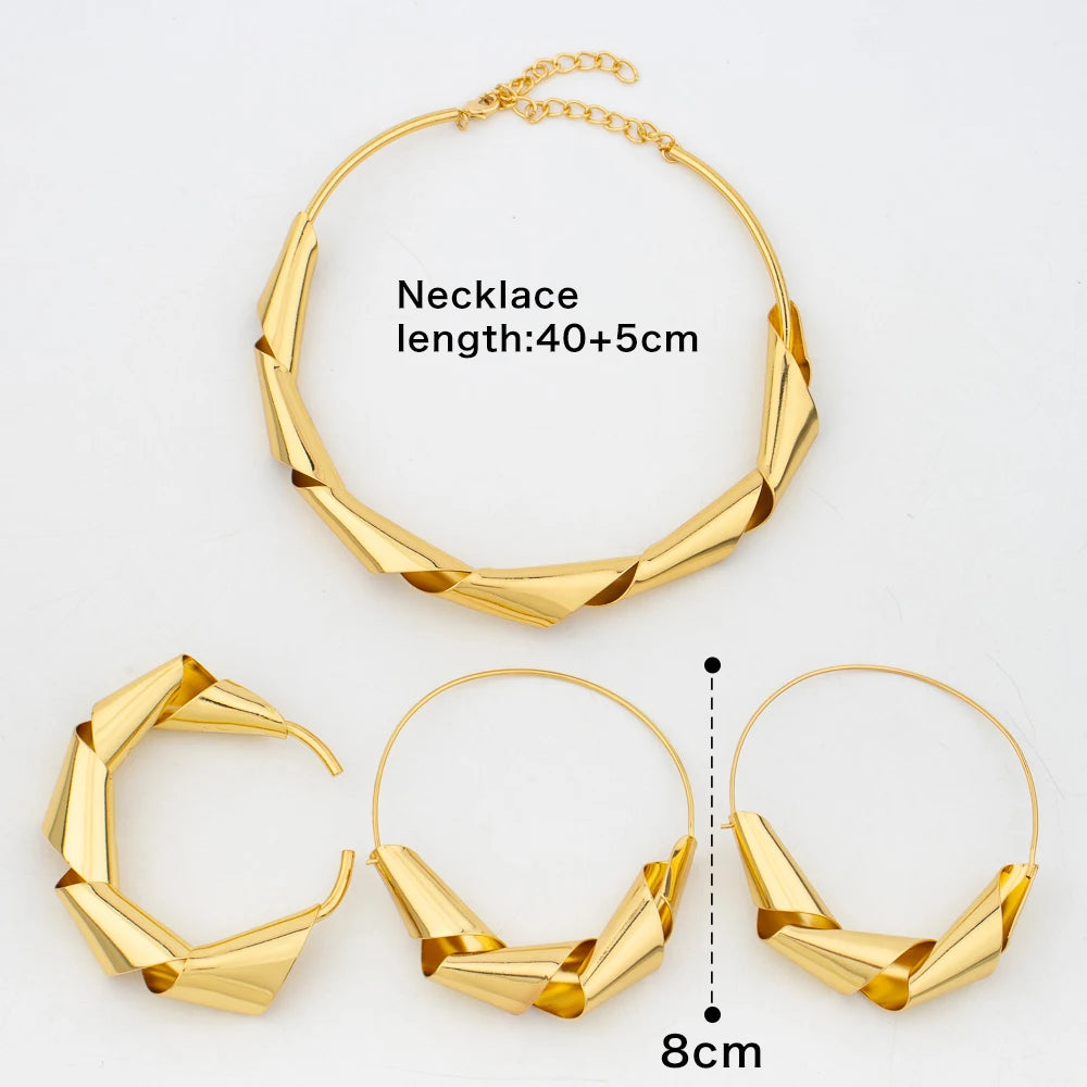 Luxus Vergoldet Dubai Schmuckset Für Damen Afrikanisches Kupfer Dreh Bold Design Ohrringe Halskette Armband Qualitäts Schmuck Geschenk