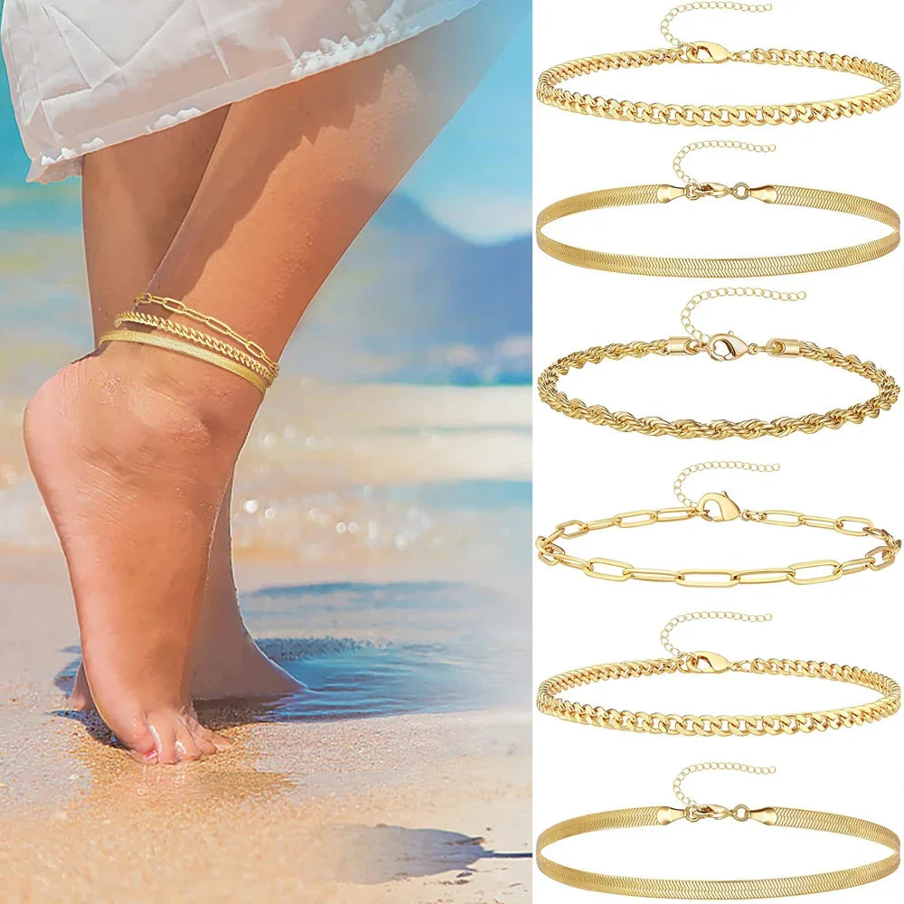 3tlg. Edelstahl Strand-Fußkettchen-Set für Damen, wasserdicht, Schlangen-Gedrehte Seilkette, Fußschmuck, Mädchen, Sommer-Knöchelarmband