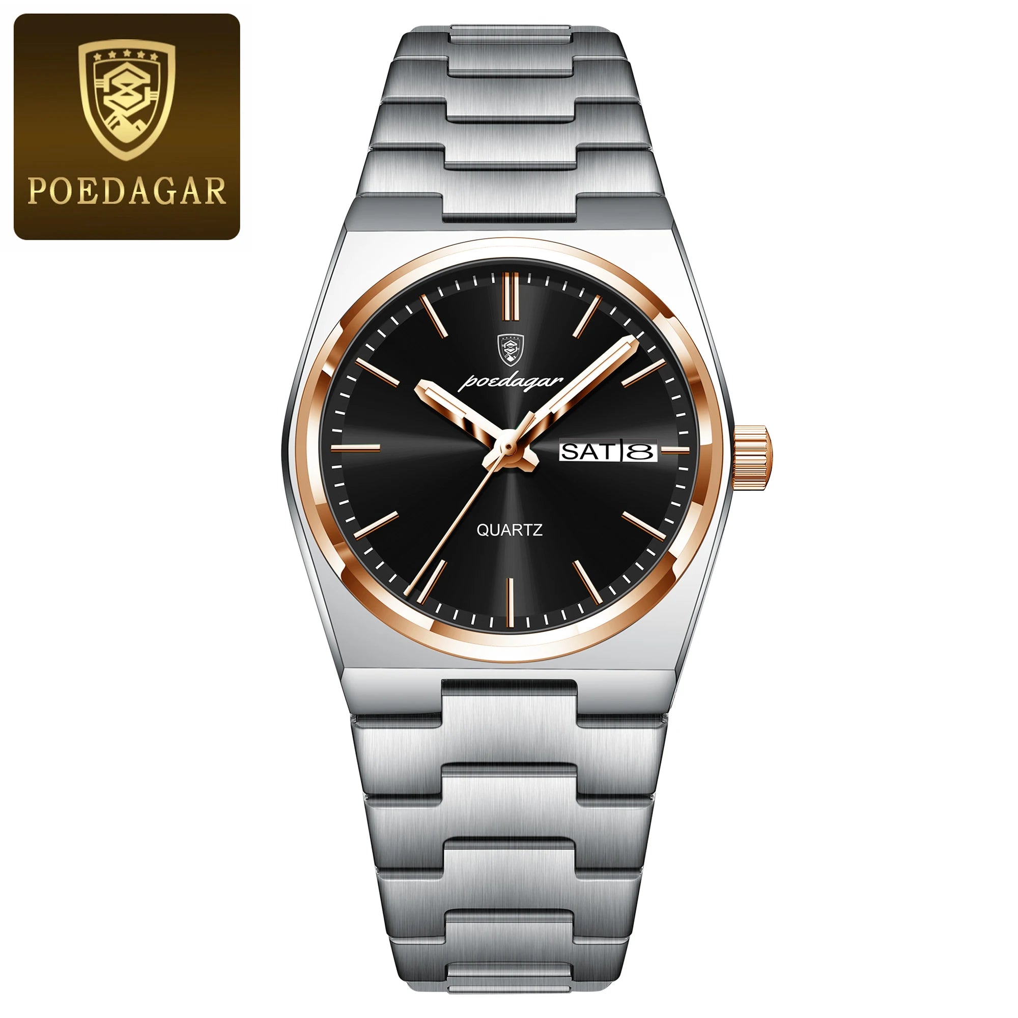 POEDAGAR Reloj de lujo para mujer, impermeable, luminoso, a la moda, de cuarzo, para señora, con fecha, día de la semana, de acero inoxidable, Reloj