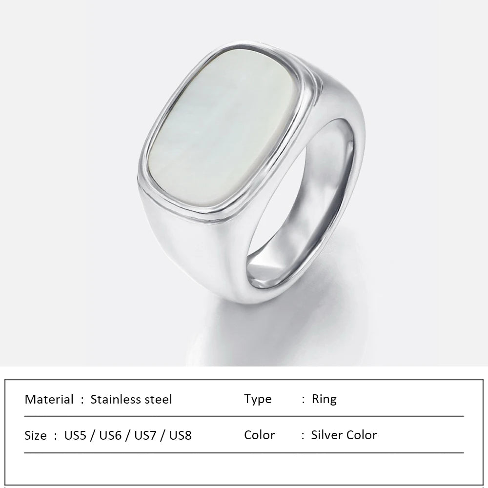 SUNIBI Anillo Cuadrado Vintage de Concha para Mujer, de Acero Inoxidable Color Oro Blanco, Anillo Grueso Grande, Accesorios de Joyería para Fiesta, Regalo de Cena