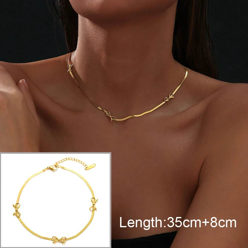 Charms Bow Necklace For Women, Bowknot Chain Choker Necklace, Stainless Steel Thin Link Exquisite Party Jewelry