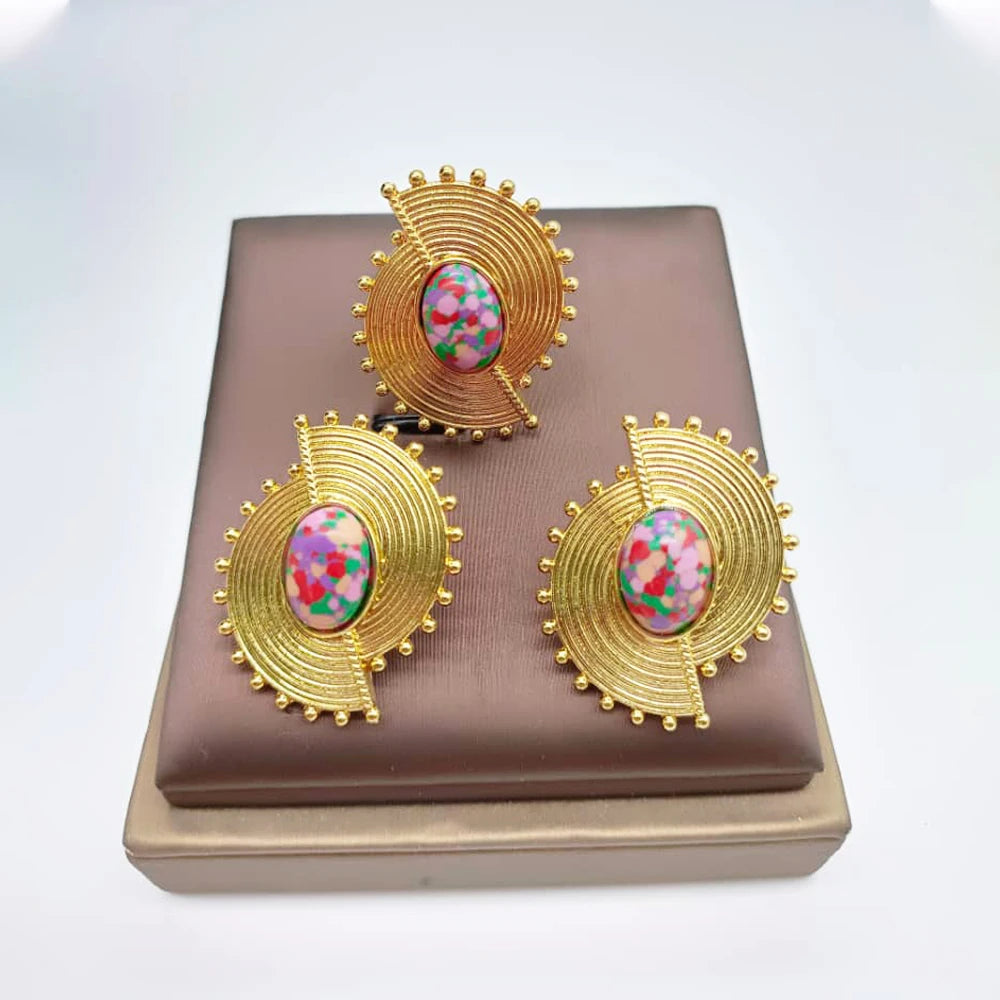 Afrikanisches Schmuckset für Damen Spiralform Neue Mode Lila Stein Ohrringe Fingerring Dubai Indischer Luxus Goldschmuck