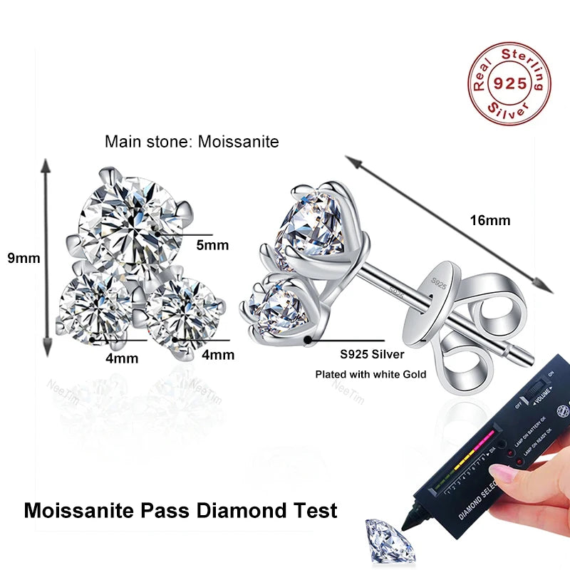 NeeTim Ohrstecker für Damen, 925er Sterlingsilber mit Weißgold-Beschichtung, alle D VVS1 Moissanit, Hochzeitsschmuck