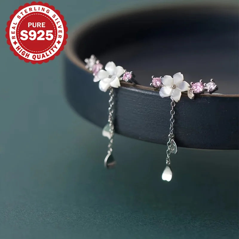 S925 Sterling Silber Sakura Quasten-Ohrringe, süß, elegant, koreanischer Stil, vielseitig, klassischer Anhänger-Ohrring, allergikerfreundlich