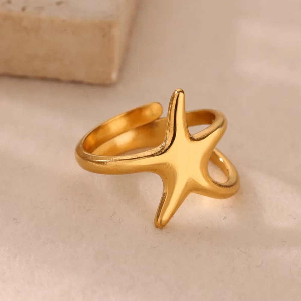 Ozean Seestern Muschel Offene Ringe Für Frauen Goldfarben Edelstahlring Sommer Strand Ästhetik Wasserdichter Schmuck Geschenk