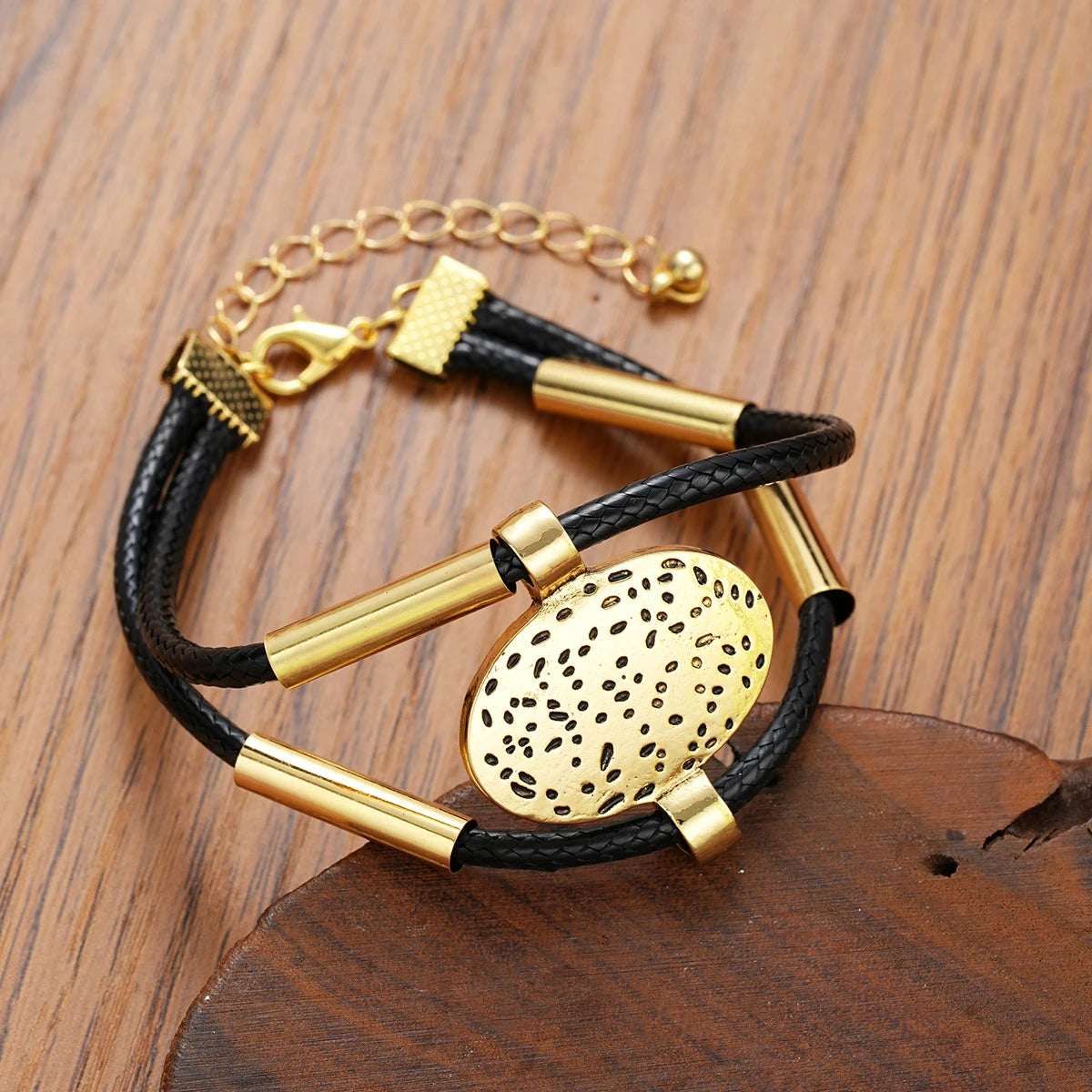 Vintage ovale Metall-Halskette mit Kunstlederarmband für Damen, Mode Gold Silber Farbe, 2tlg/Set, doppellagige Ketten-Schmucksets